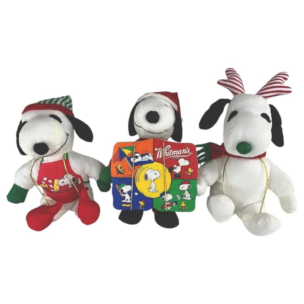 3 Peanuts Snoopy Christmas Nylon Plush Reindeer Elf Santa Stuffed Animal Whitman